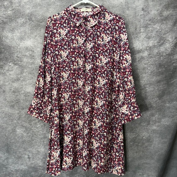 NATURAL LIFE Dresses & Skirts - Natural Life Twiggy Mini Shirt Dress Size XL Burgundy Ditsy Floral 3/4 Sleeve